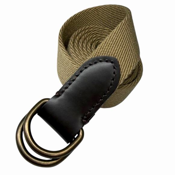 Men’s Canvas Web Belt with Leather Trim & Brass Double D-Ring Buckle Sz L Khaki - Picture 1 of 9